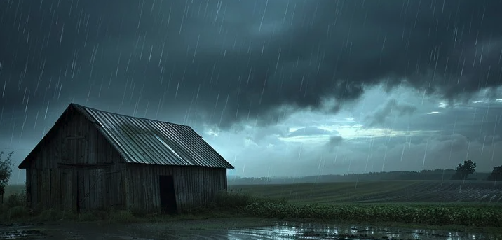 Rainy storm over a rural barn at dusk