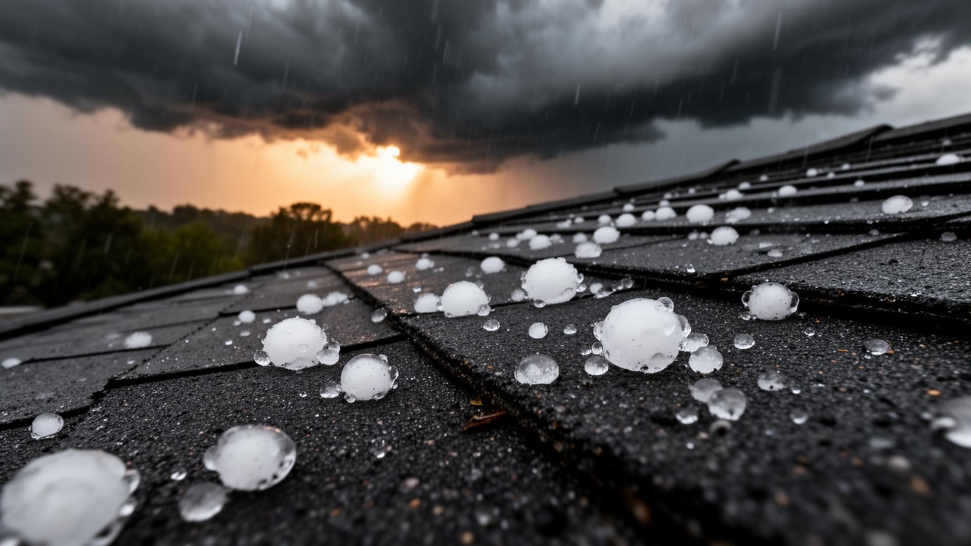 Hailstones on a shingled roof during a dramatic storm